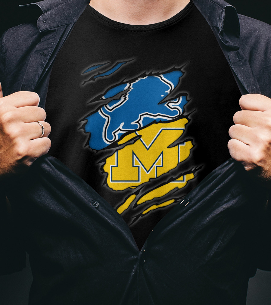 Detroit Lions Michigan Wolverines Football Fan Logo Crossover T-Shirt