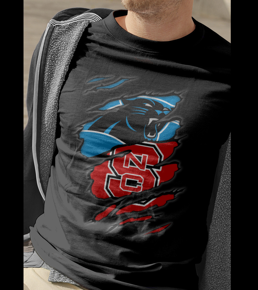 Carolina Panthers Nc State Wolfpack Hybrid Logo Ripped T-Shirt
