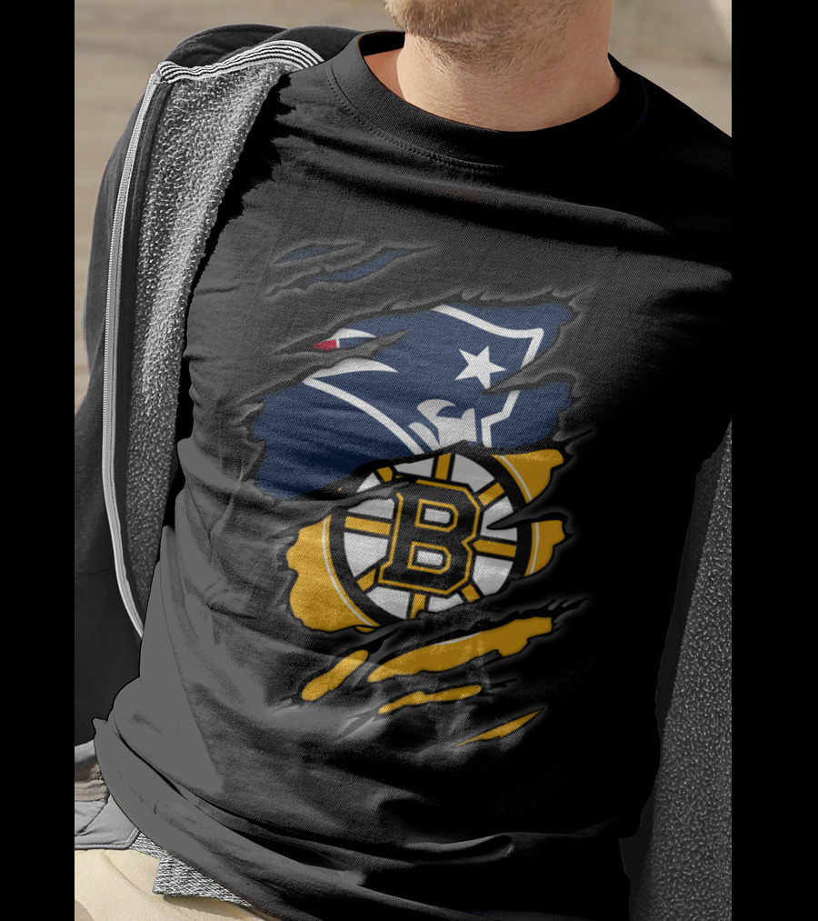 Patriots Bruins Torn Team Fusion New England Boston Sports Logos T-Shirt