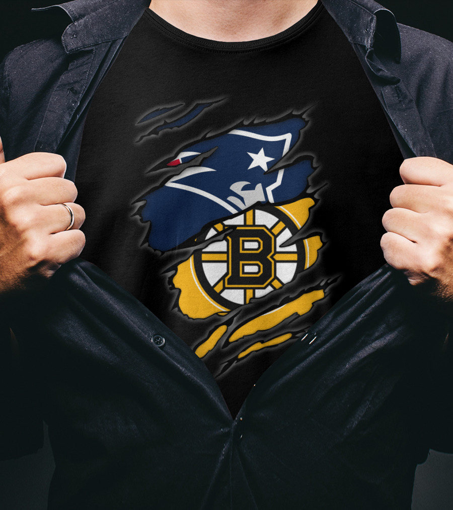 Patriots Bruins Torn Team Fusion New England Boston Sports Logos T-Shirt