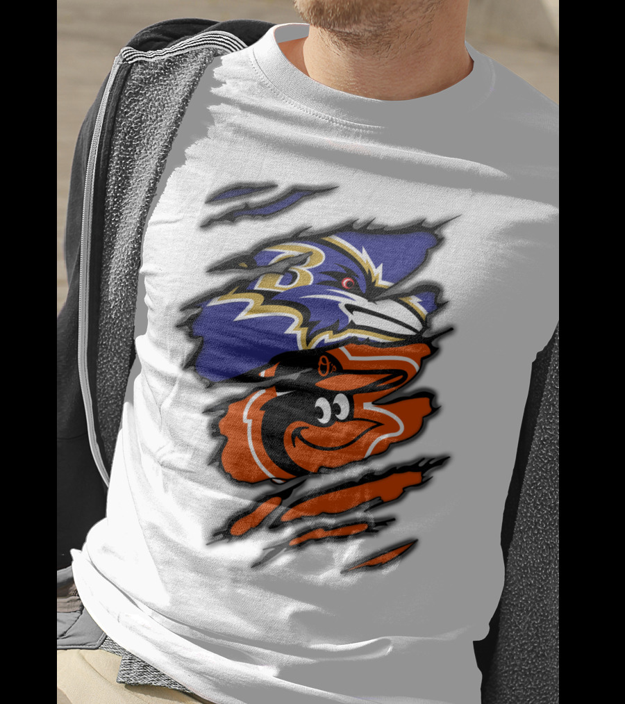 Baltimore Ravens Orioles Logos Ripped T-Shirt