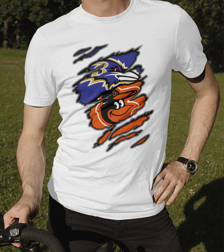 Baltimore Ravens Orioles Logos Ripped T-Shirt