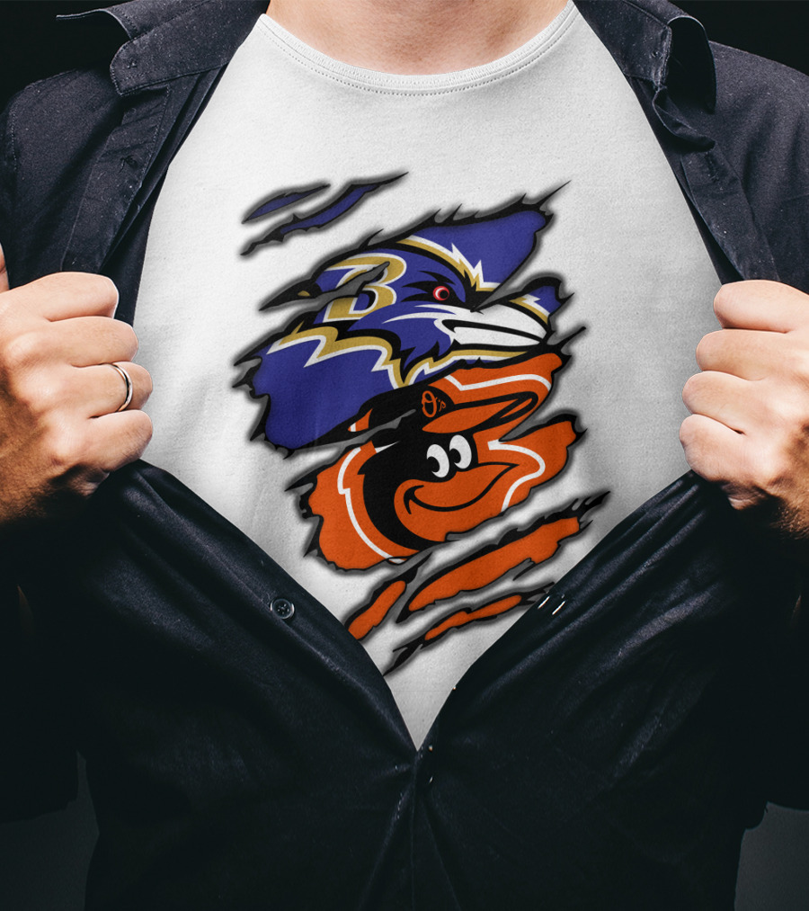 Baltimore Ravens Orioles Logos Ripped T-Shirt