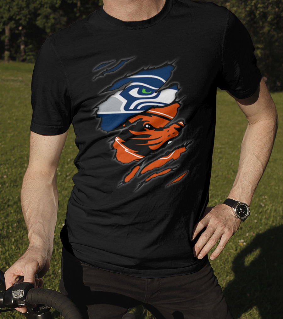 Seahawks Beavers Dual Team Spirit Torn Fusion T-Shirt