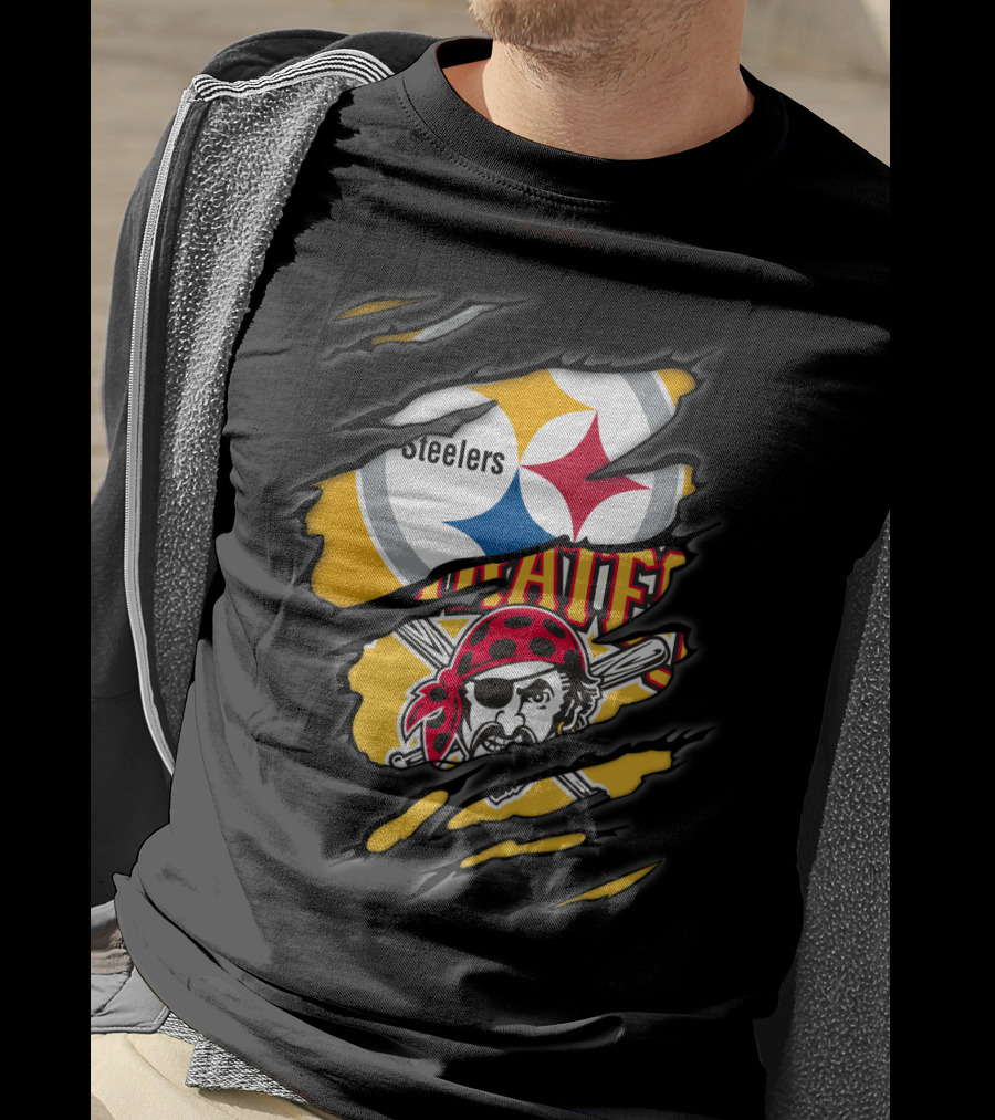 Steelers Pirates Logo Mashup Ripped Effect T-Shirt