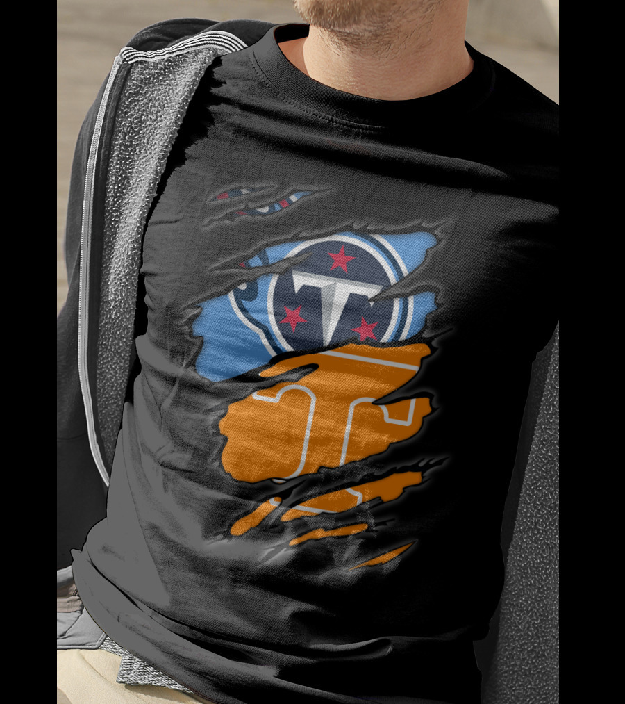 Tennessee Titans Volunteers Ripped Dual Logo Football Team Fan Gear T-Shirt