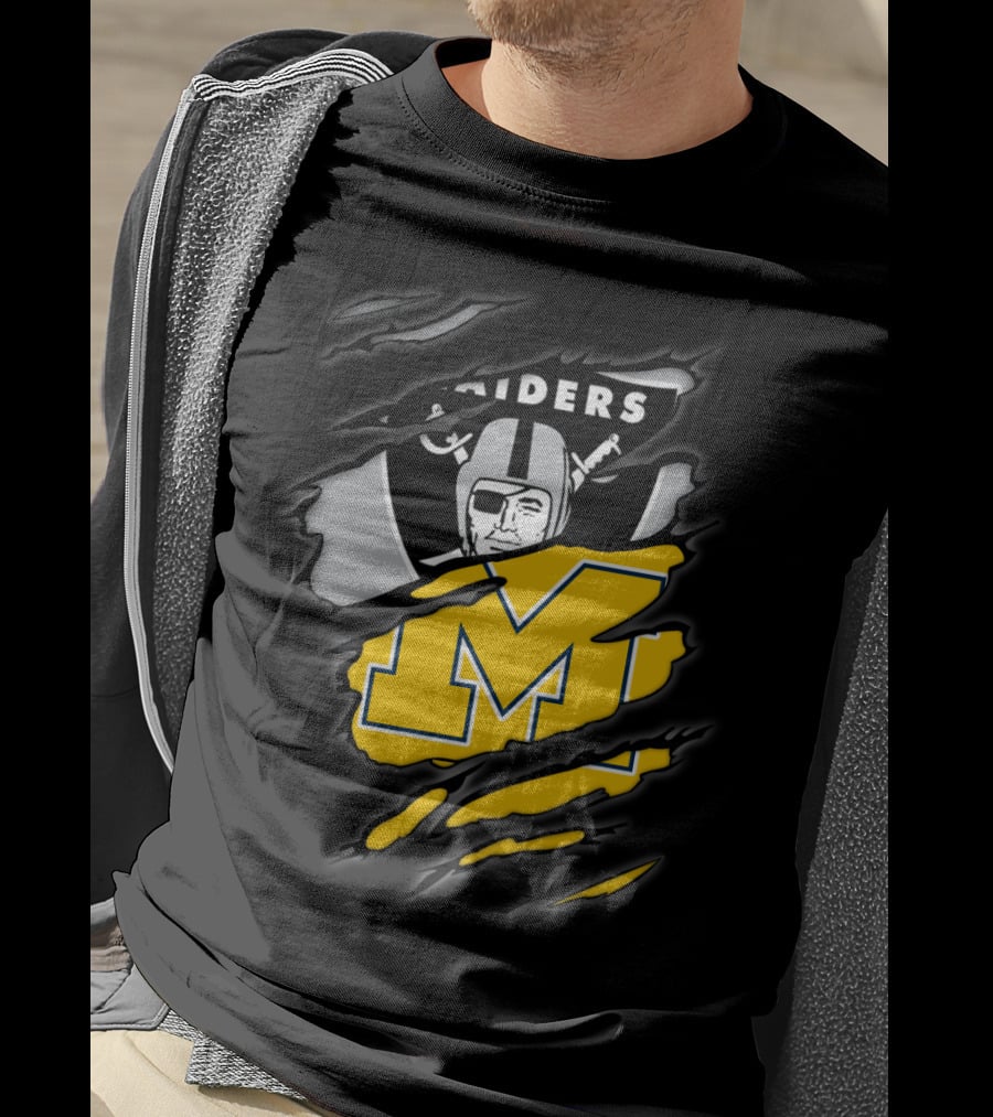 Raiders Oakland Helmet With Michigan Block M Fusion T-Shirt