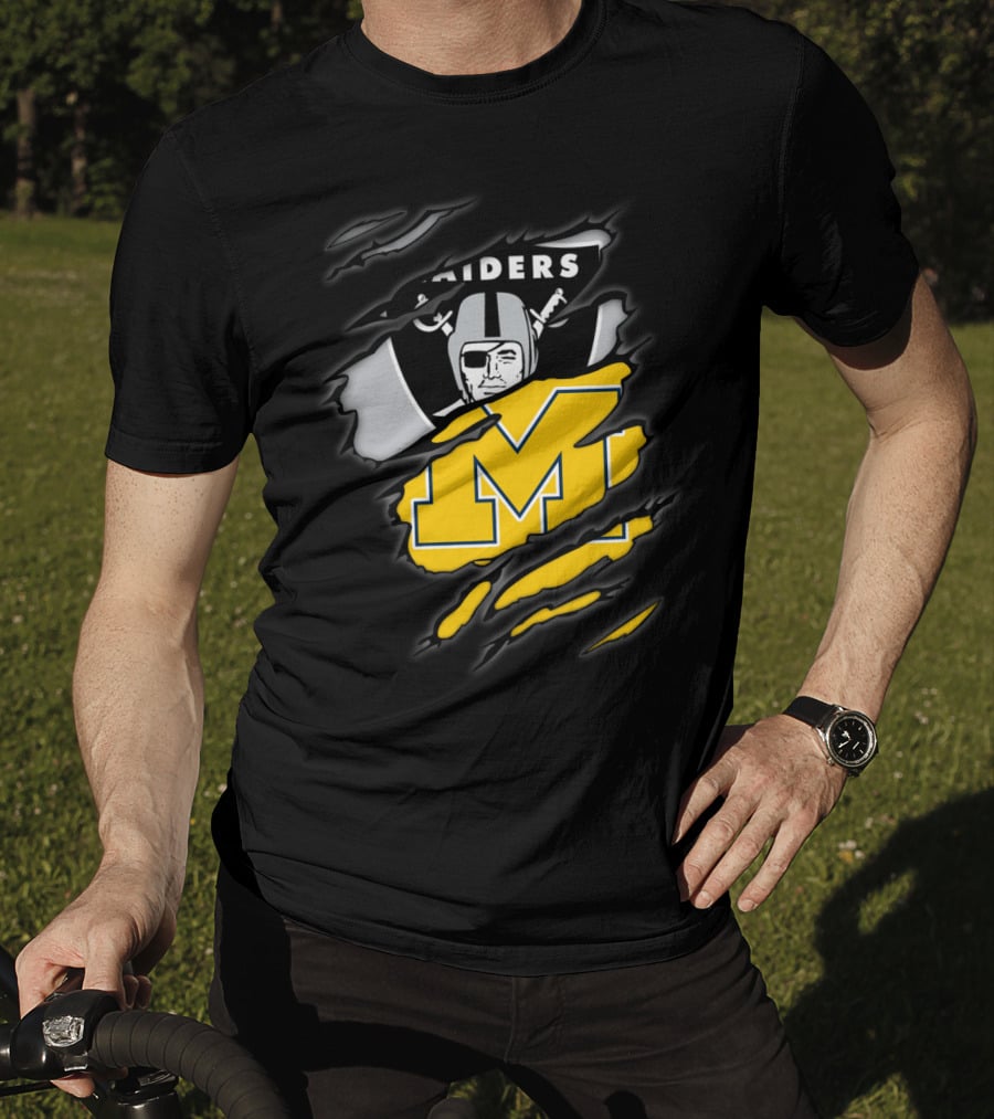Raiders Oakland Helmet With Michigan Block M Fusion T-Shirt