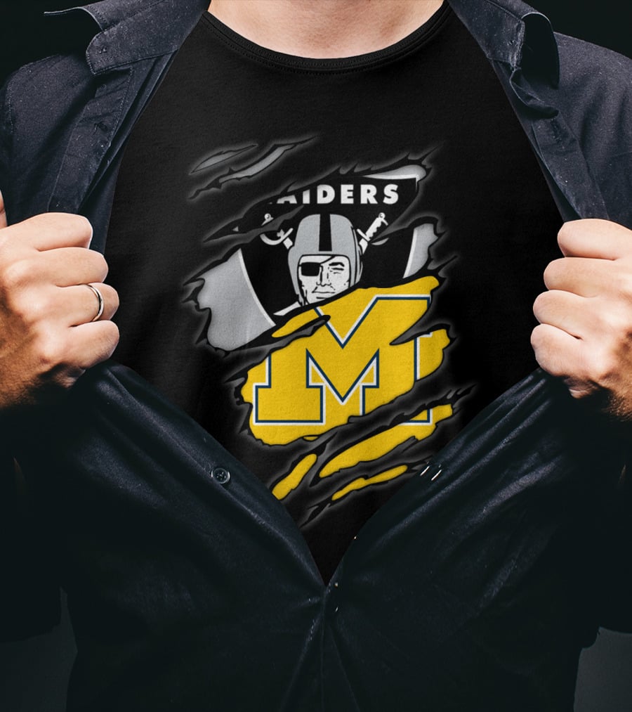 Raiders Oakland Helmet With Michigan Block M Fusion T-Shirt