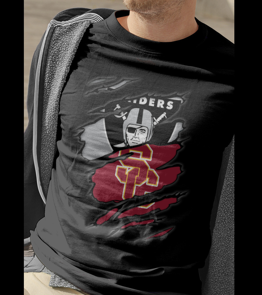 Raiders Trojans USC Los Angeles Football Torn Effect Logo Mix T-Shirt
