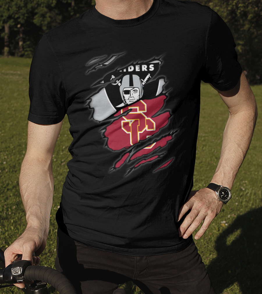 Raiders Trojans USC Los Angeles Football Torn Effect Logo Mix T-Shirt