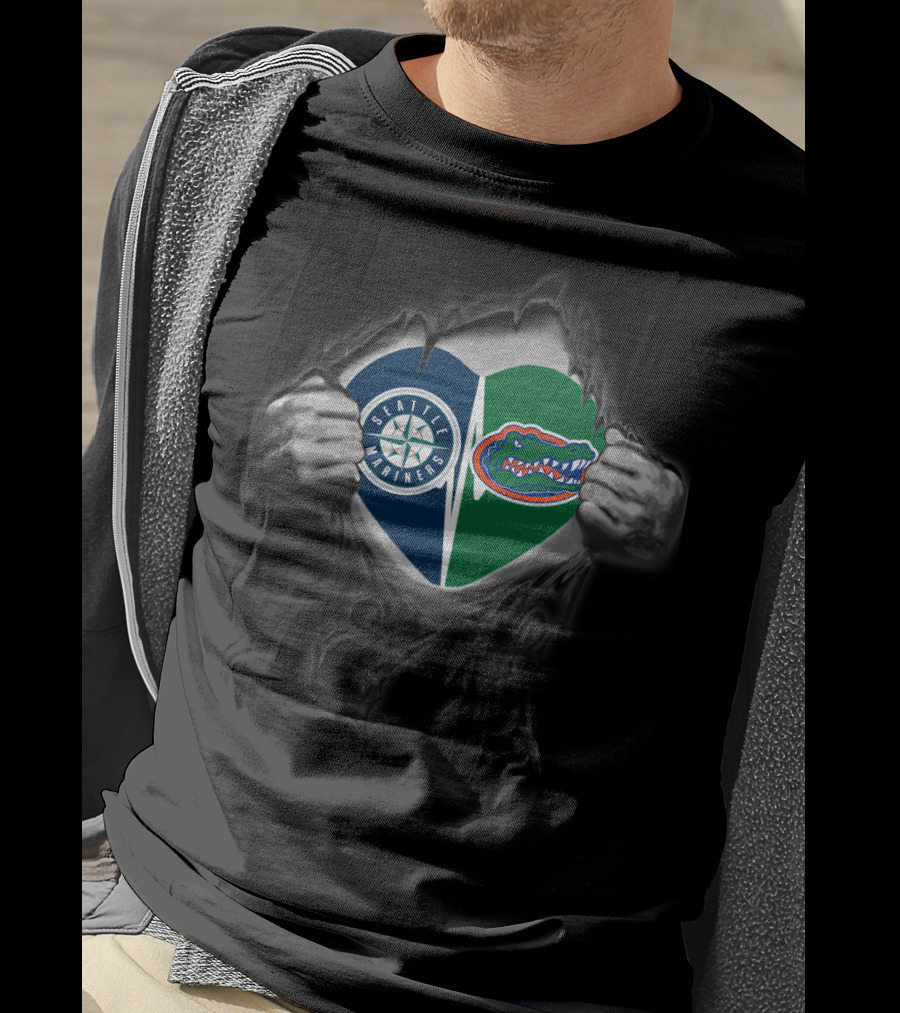 Seattle Mariners Florida Gators Heart Logos Peeking Hands T-Shirt