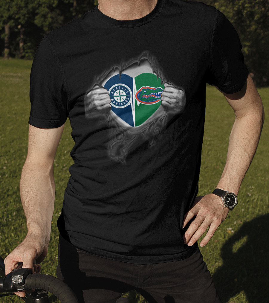 Seattle Mariners Florida Gators Heart Logos Peeking Hands T-Shirt