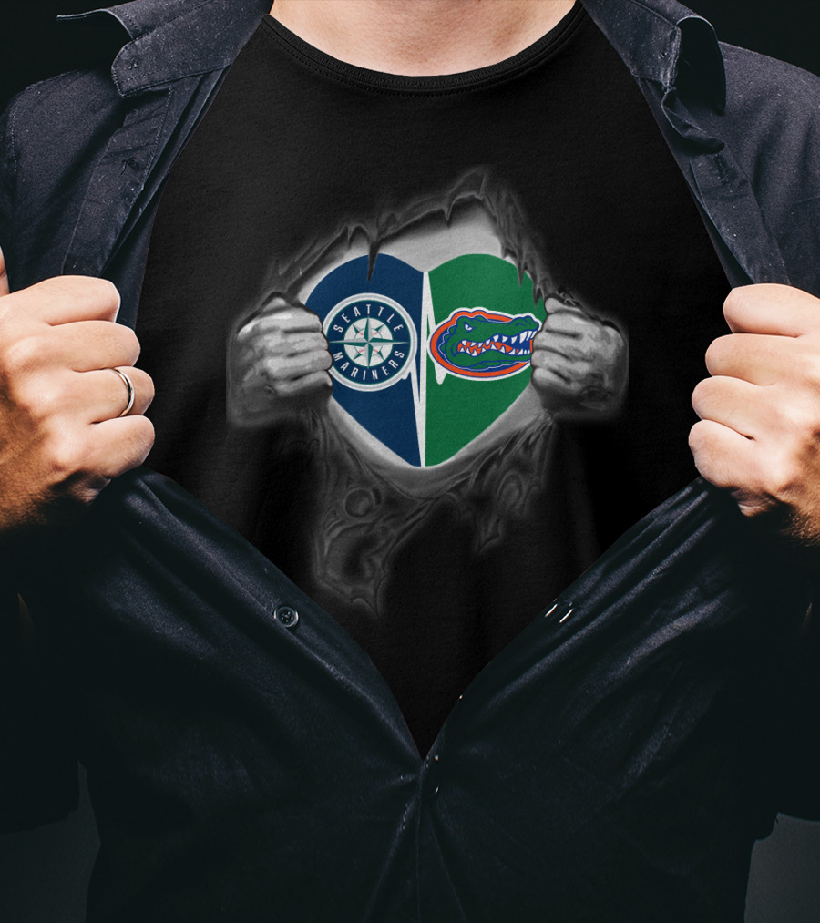 Seattle Mariners Florida Gators Heart Logos Peeking Hands T-Shirt