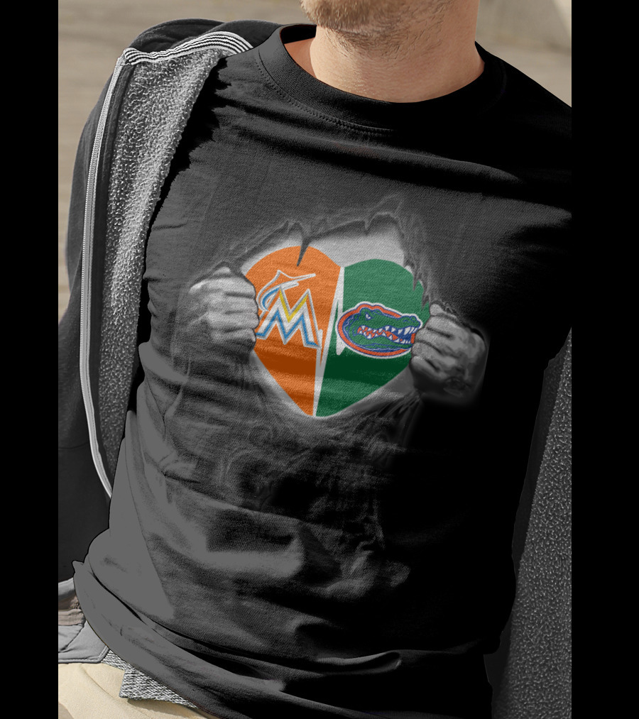 Marlins Gators Heart Split Logo Combo T-Shirt