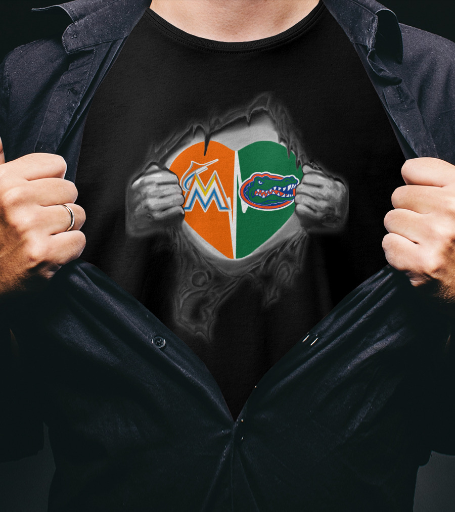 Marlins Gators Heart Split Logo Combo T-Shirt