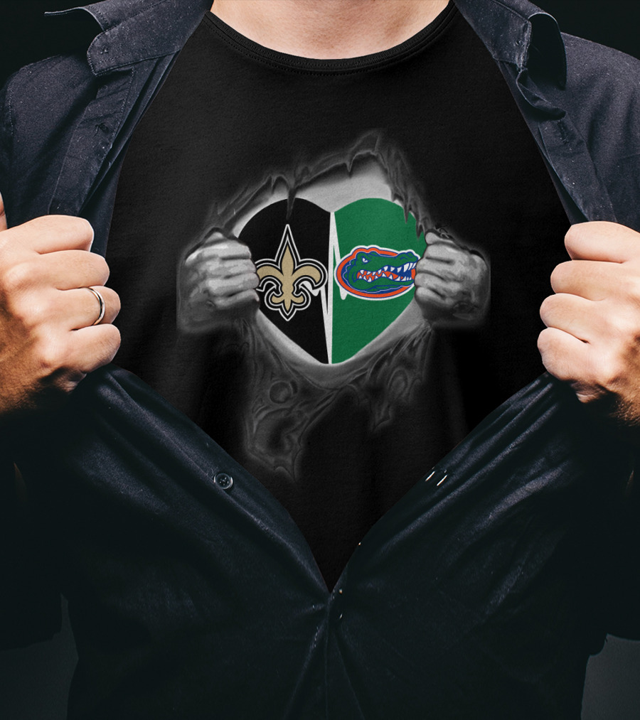 Saints Fleur-de-lis And Florida Gators Logo Heart T-Shirt