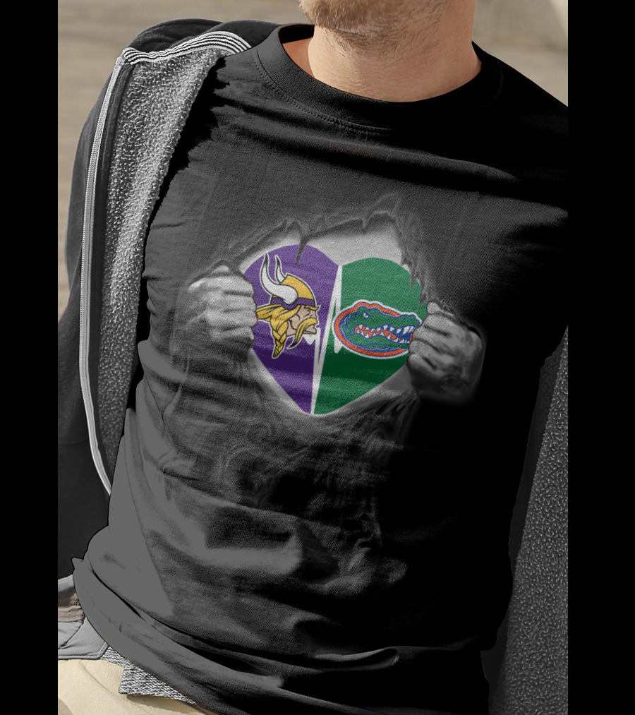 Vikings Gators Heart Split Logo Inside Ripped Chest T-Shirt