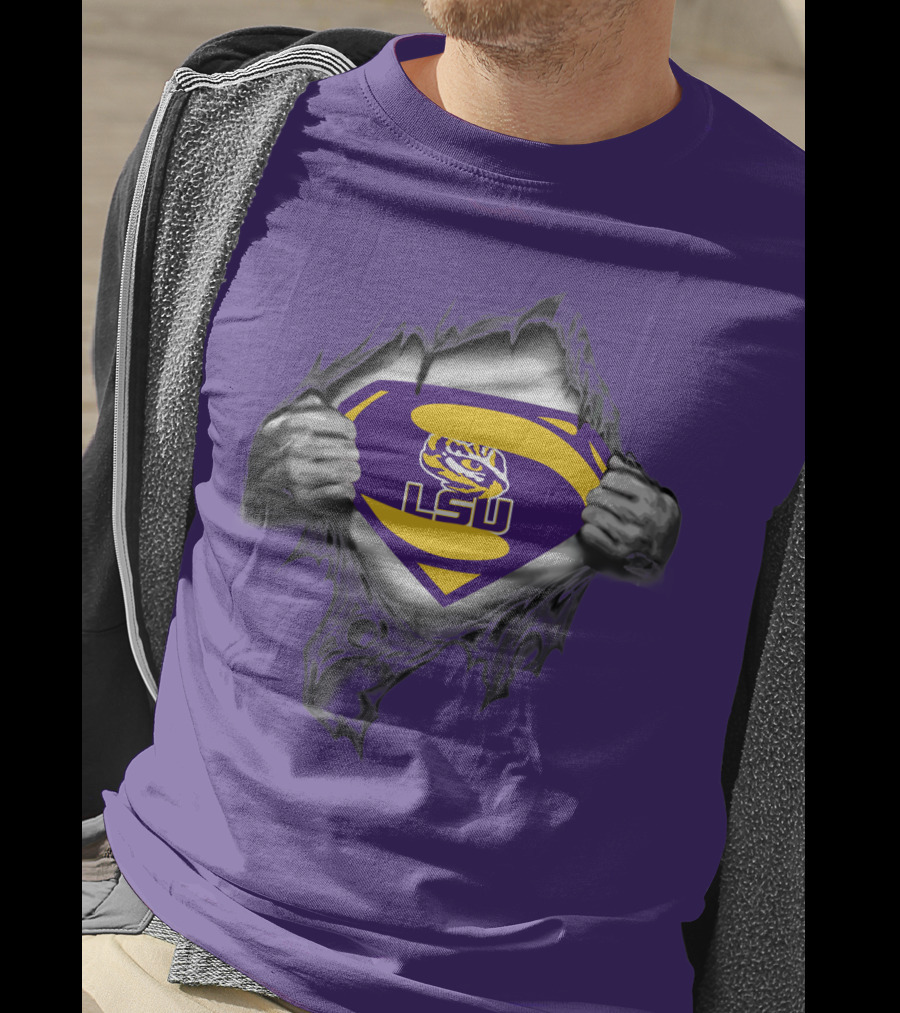 LSU Tigers Superman Logo With Hands Ripping Purple T-Shirt