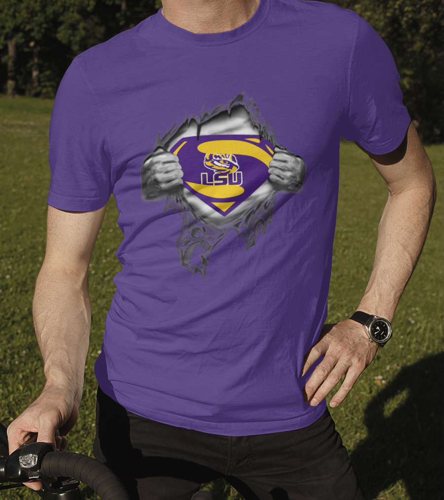 LSU Tigers Superman Logo With Hands Ripping Purple T-Shirt