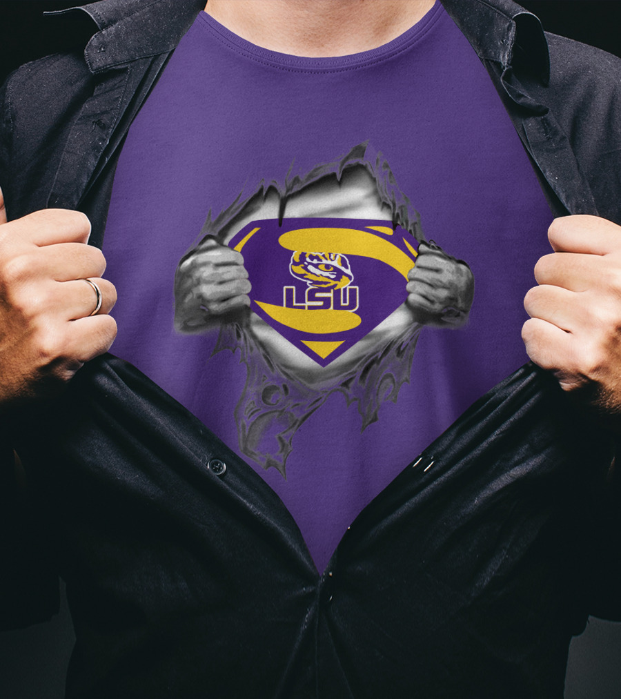 LSU Tigers Superman Logo With Hands Ripping Purple T-Shirt