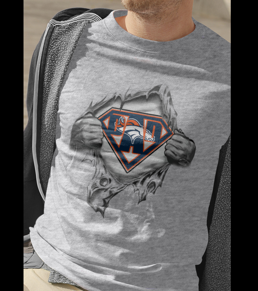 Superman Ripping Open To Reveal Broncos T-Shirt