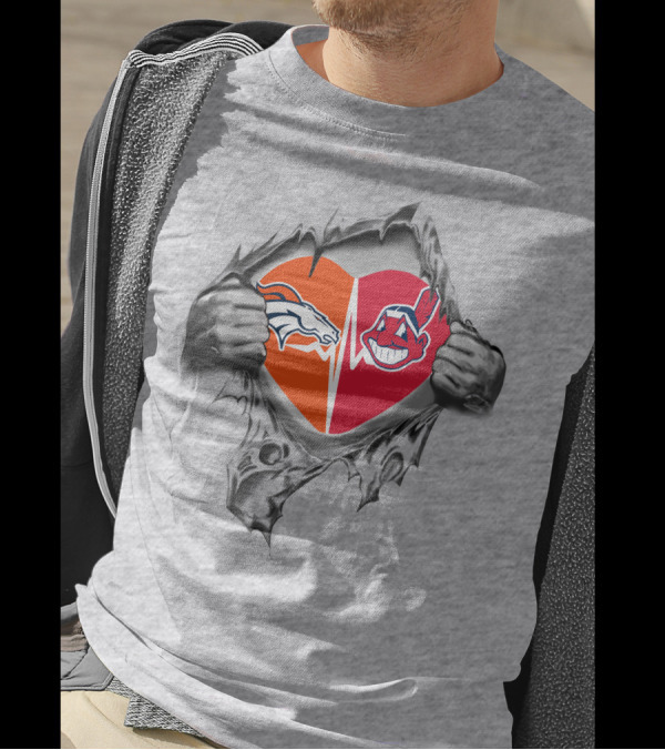 Broncos Indians Heart Symbol With Torn Chest Effect T-Shirt