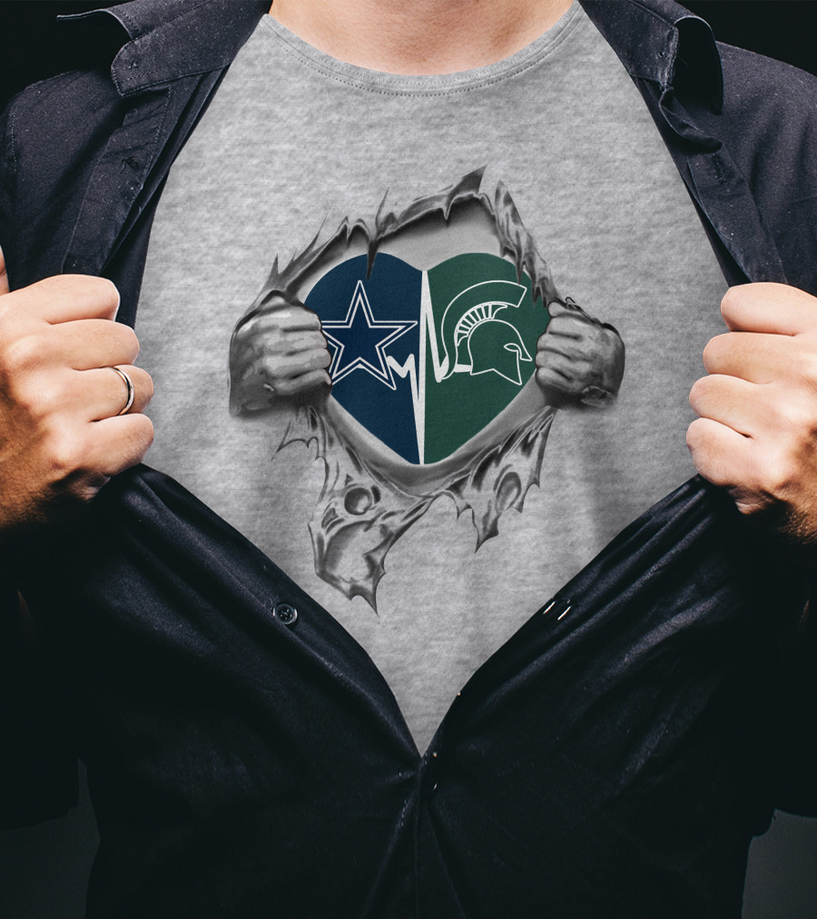 Cowboys Star And Spartans Helmet Heart T-Shirt