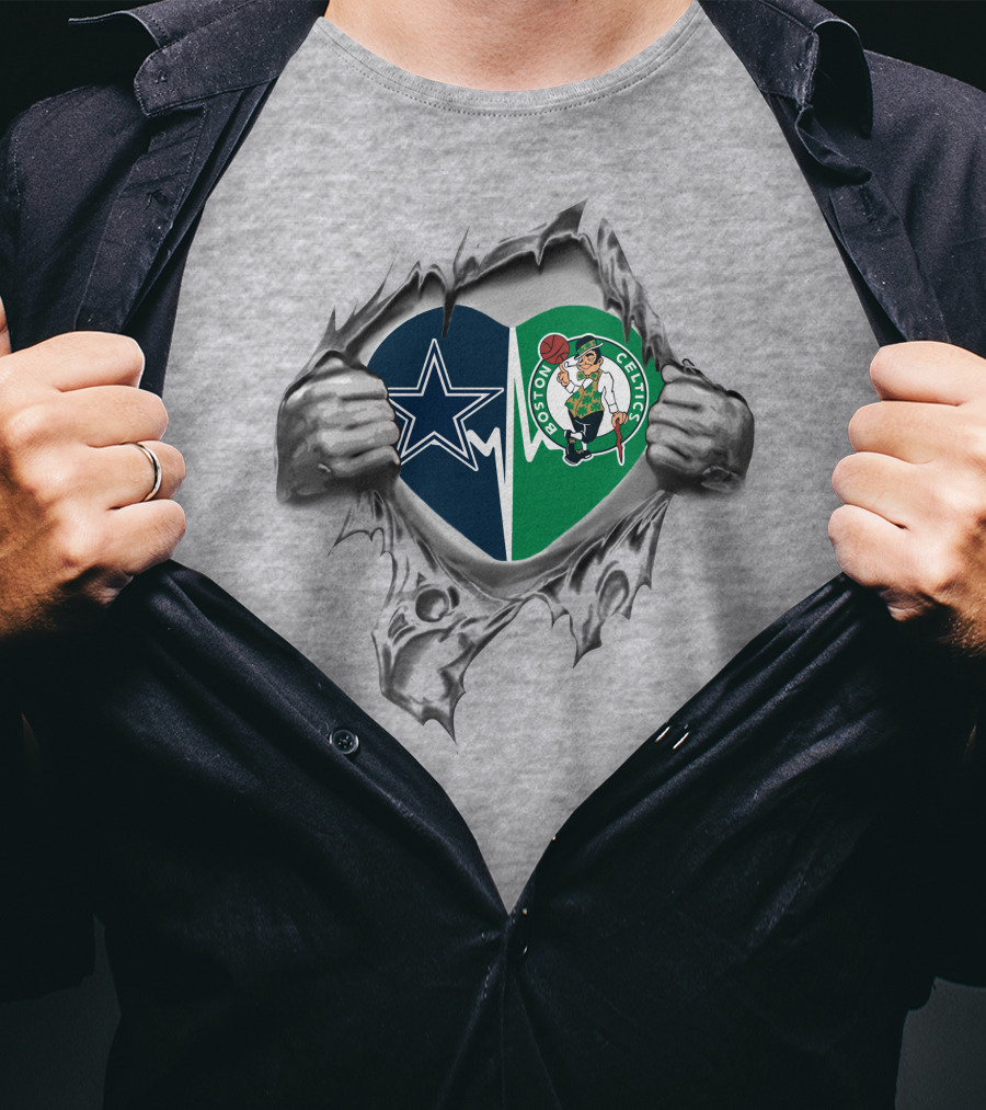Cowboys Celtics Heart Torn Allegiance With Logo Hearts And Ripped Hands T-Shirt