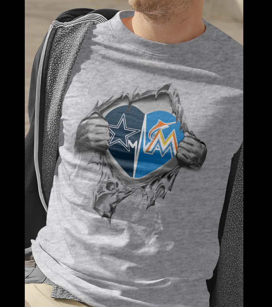 Cowboys Marlins Heart Design With Team Logos And Ripped Effect T-Shirt