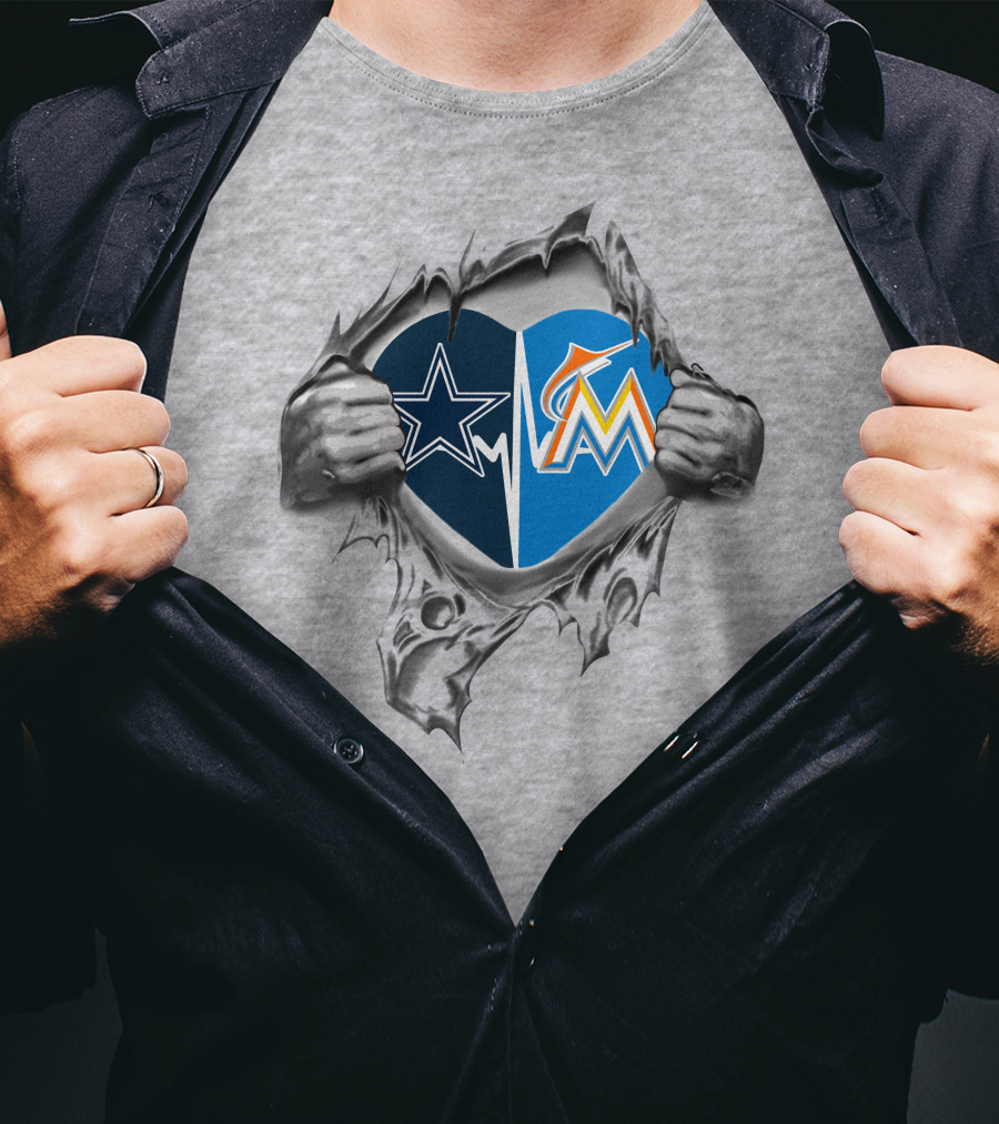 Cowboys Marlins Heart Design With Team Logos And Ripped Effect T-Shirt