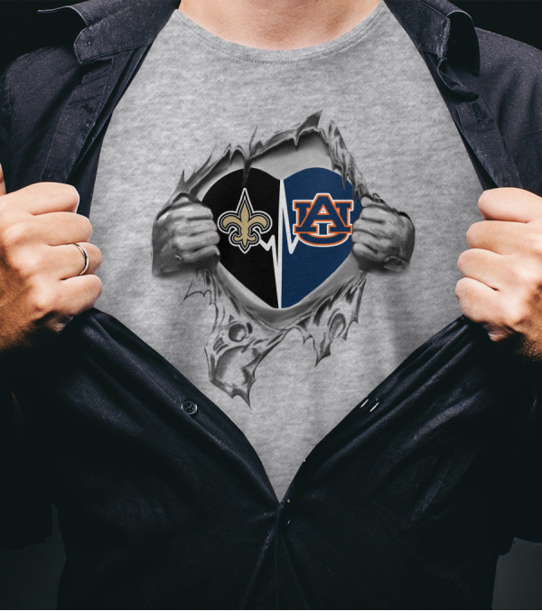 New Orleans Saints Auburn Tigers Heartbeat Tearing Open T-Shirt