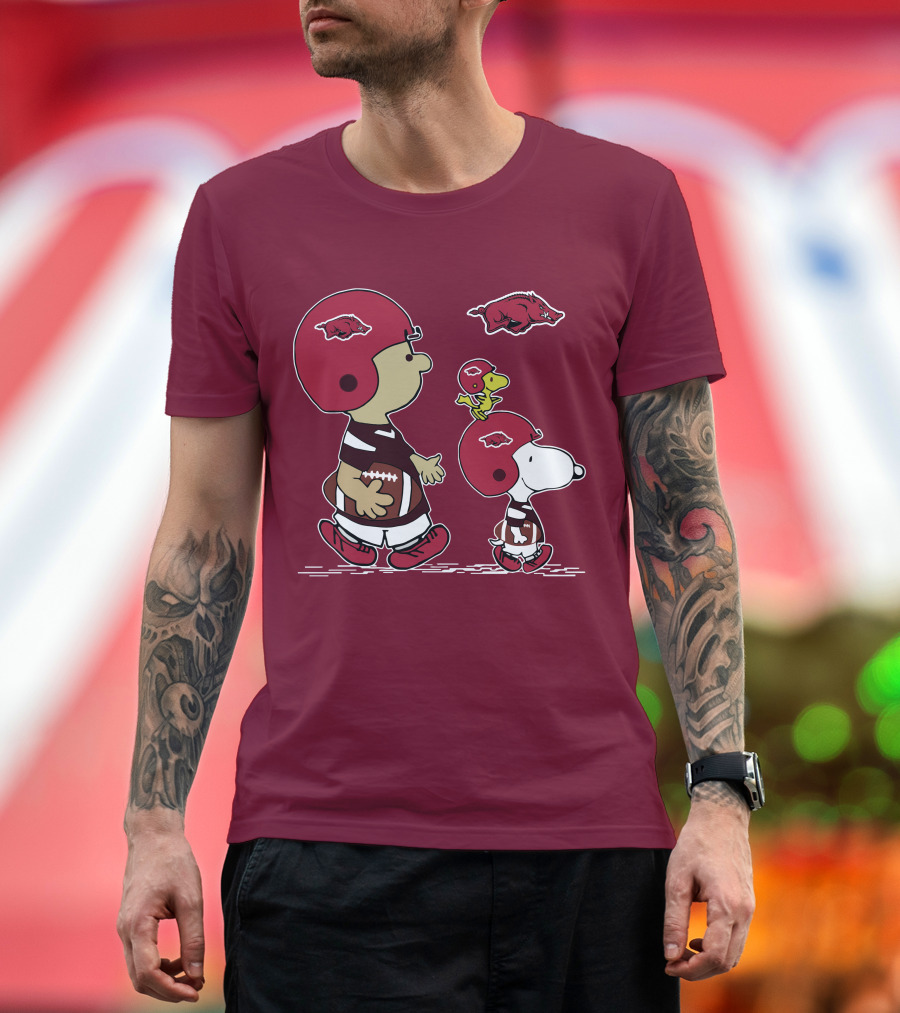 Arkansas Razorbacks Snoopy Football Peanuts Characters with Helmets T-Shirt