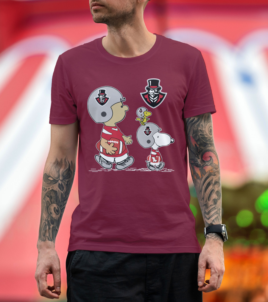 Austin Peay Governor Mascot with Snoopy and Woodstock Football Helmets T-Shirt