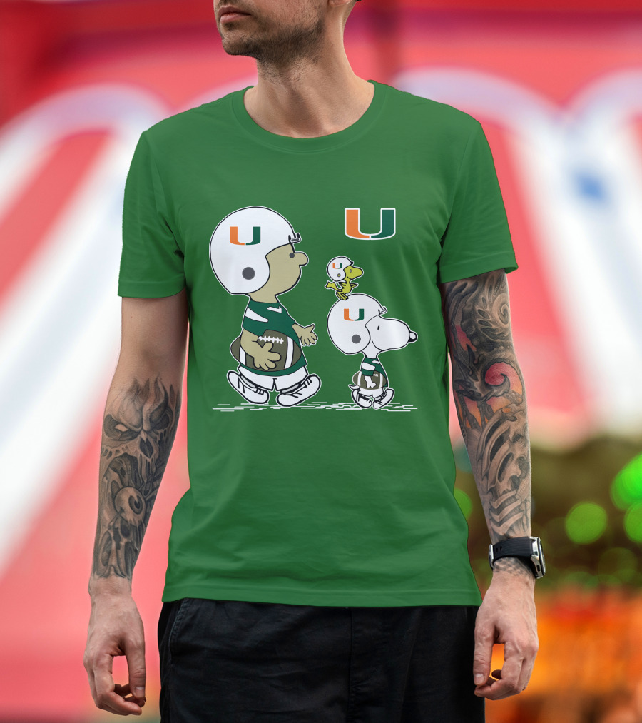 Miami Hurricanes Snoopy and Woodstock Football Helmets Peanuts Comic T-Shirt