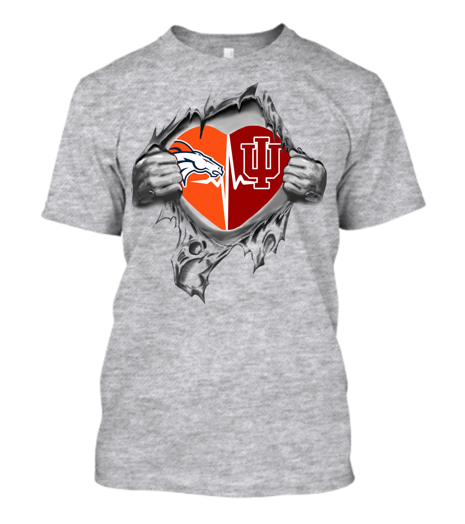 Broncos And Hoosiers Heart Emblem With Split Logos And Ekg Line Featuring Passion And Loyalty T-Shirt