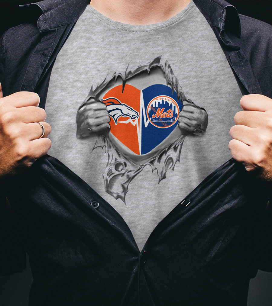 Broncos Mets Heart Split Logo Combination T-Shirt