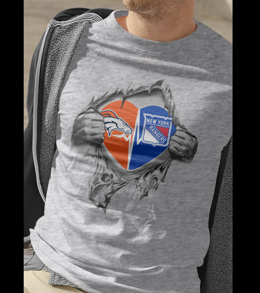 Broncos New York Rangers Heart Torn Dual Loyalty Fan Passion T-Shirt