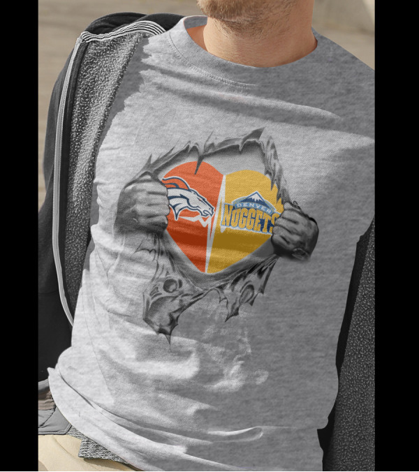 Broncos Nuggets Dual Heart Broncos Logo Denver Nuggets T-Shirt