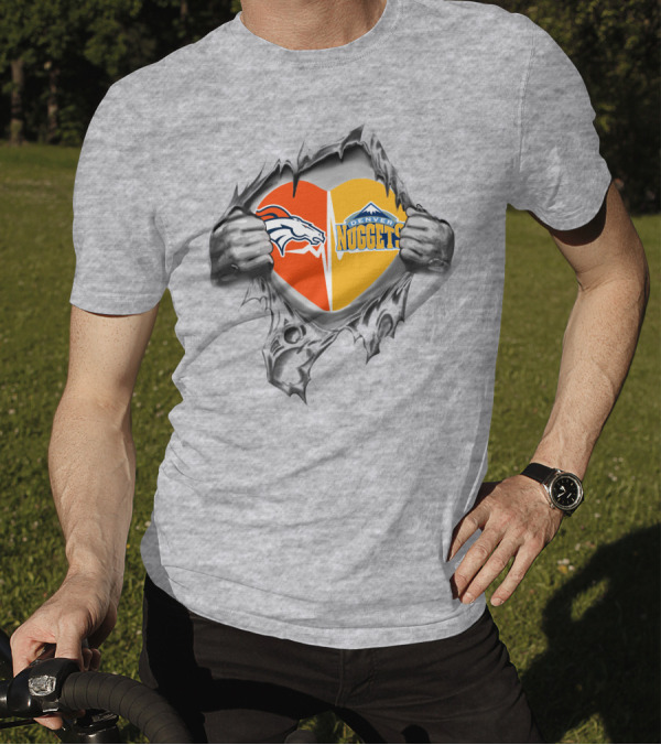 Broncos Nuggets Dual Heart Broncos Logo Denver Nuggets T-Shirt