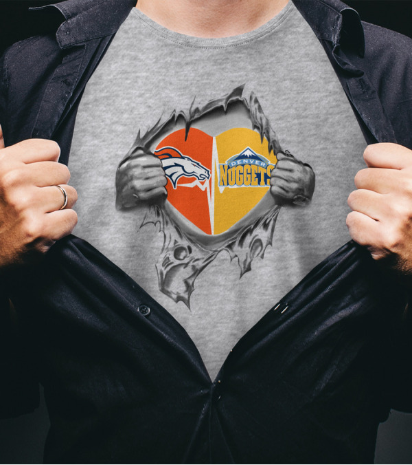 Broncos Nuggets Dual Heart Broncos Logo Denver Nuggets T-Shirt