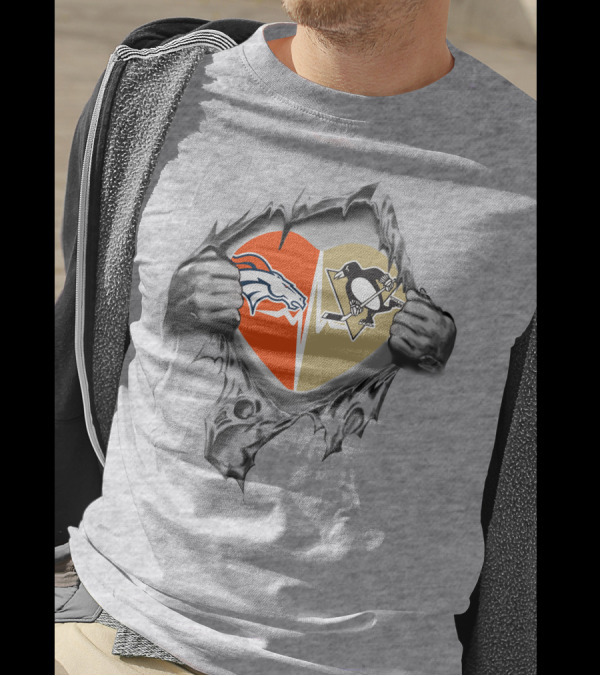 Broncos Penguins Heart Split Tear Fan T-Shirt