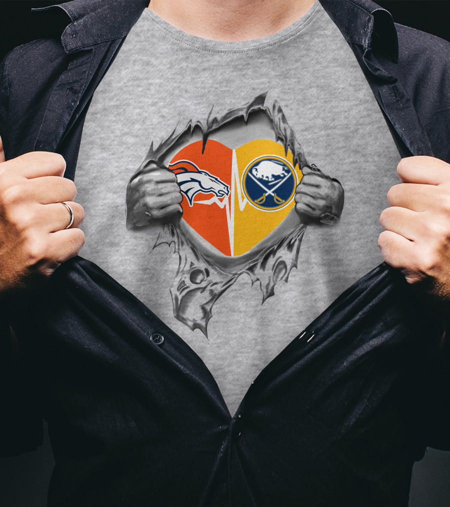 Broncos Sabres Heart Passion Logo With Hands Tearing T-Shirt