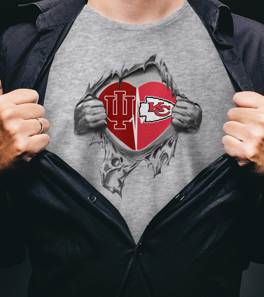 Indiana University Hoosiers And Kansas City Chiefs Heart Logo With Indiana And Kc T-Shirt