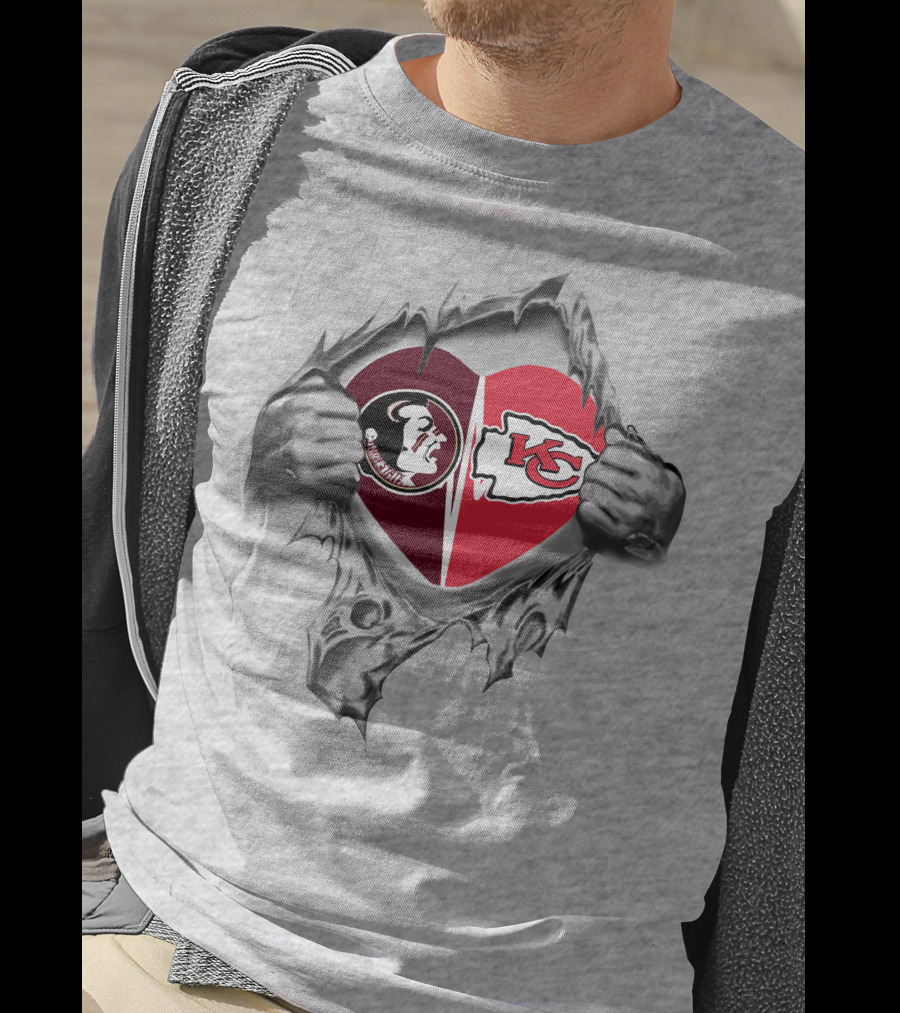 Chiefs Seminoles Heart Symbol With Foam Fingers And Logos In Torn Fabric T-Shirt