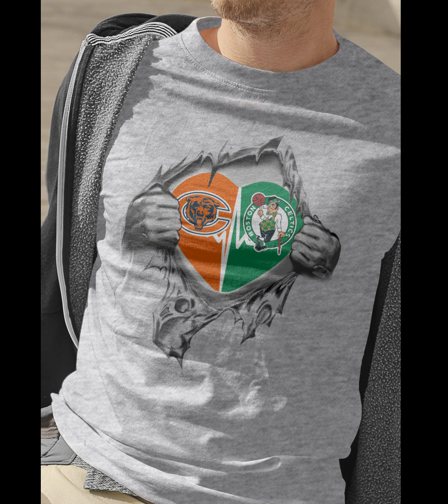 Chicago Bears Boston Celtics Heart Tear Emblems T-Shirt