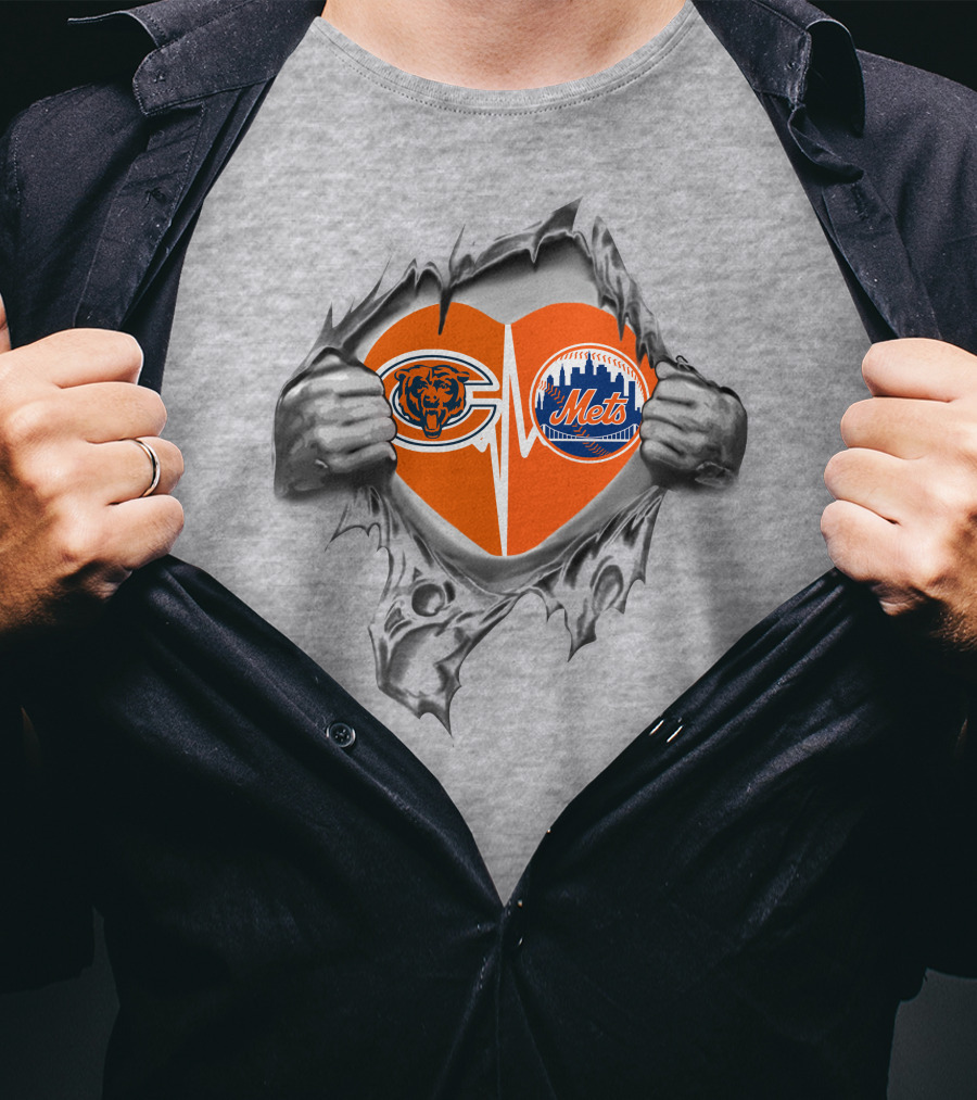 Bears Mets Heart With Logos Torn Background T-Shirt