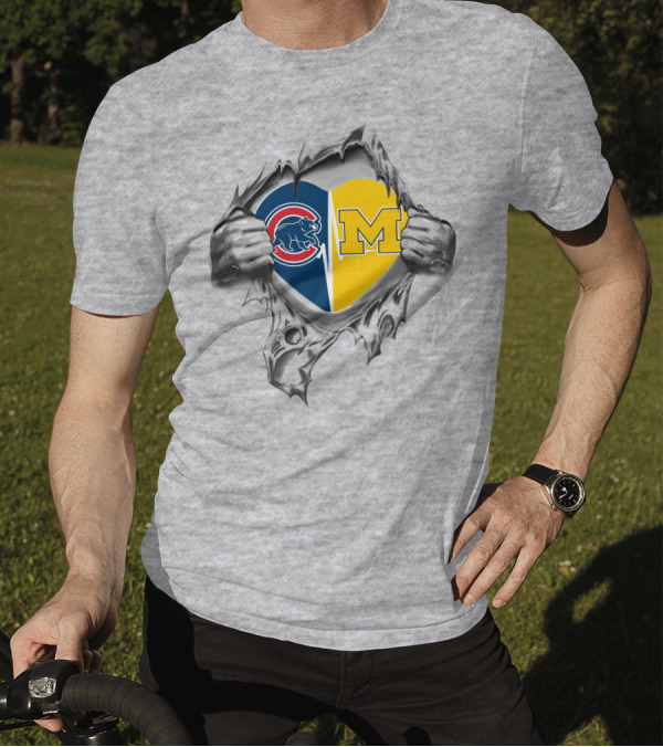 Cubs Michigan Heart Emblem With Hands Tearing T-Shirt
