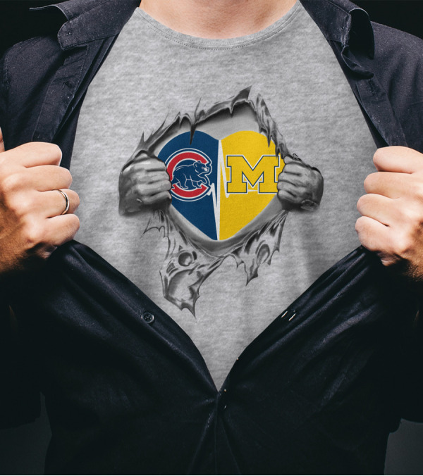 Cubs Michigan Heart Emblem With Hands Tearing T-Shirt