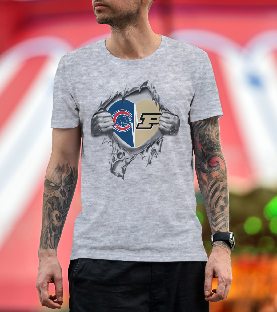 Cubs and Purdue Heart in Torn T-Shirt